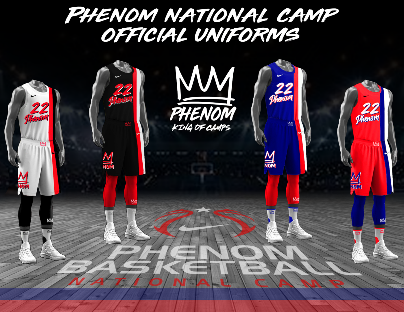 Four Phenom basketball camp uniform designs