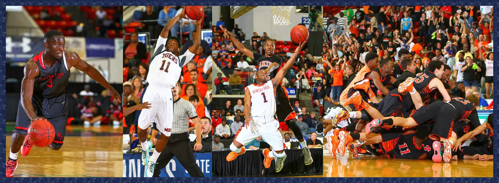 A collage of a basket ball match