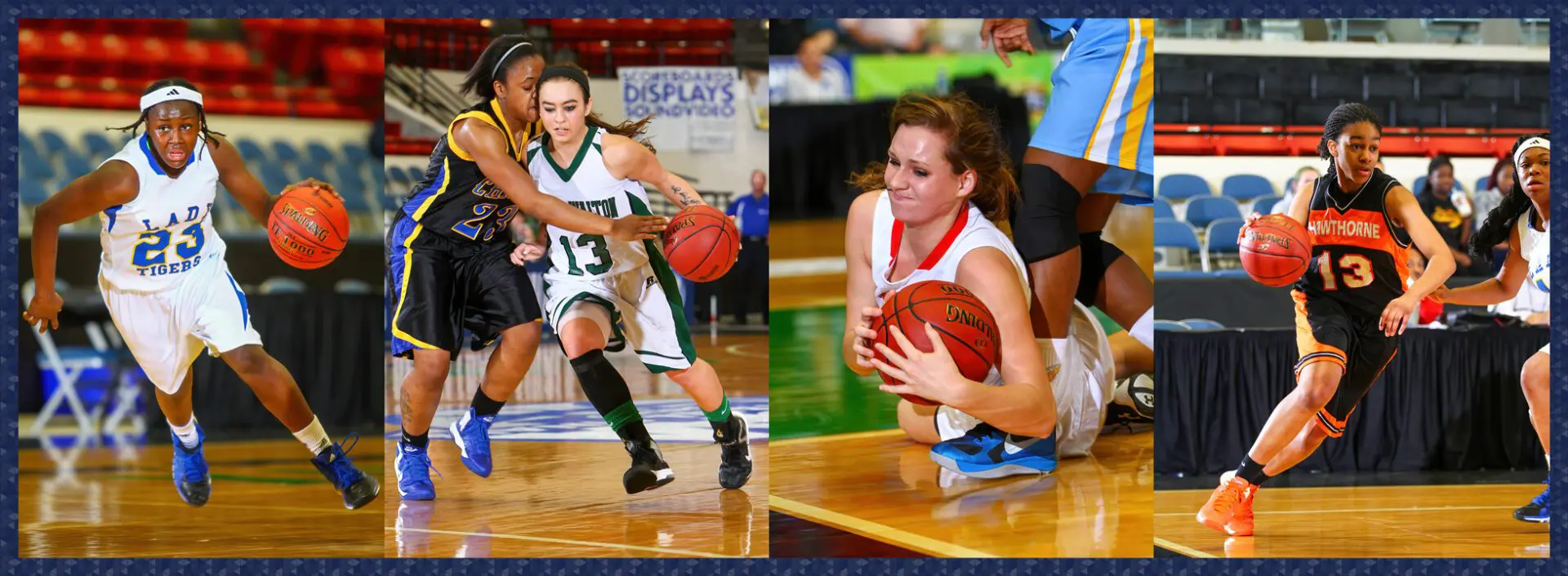 A collage of women's basketball match