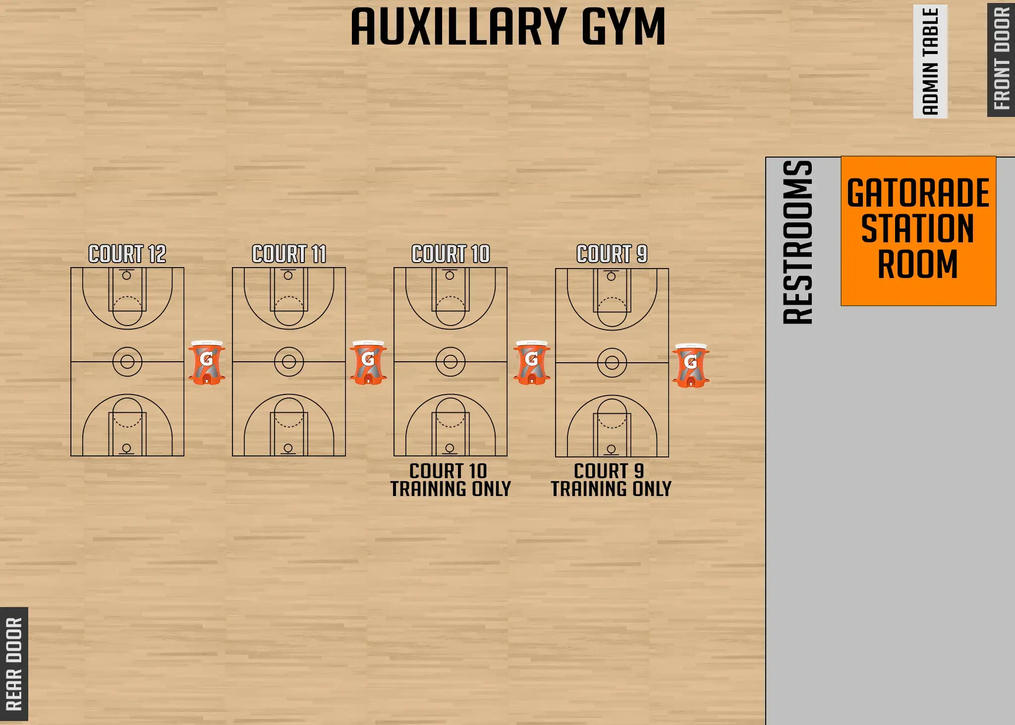 Auxiliary gym floor plan showing basketball courts and restrooms.
